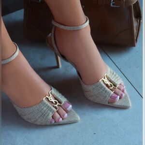 Raffia Heels with Gold Detail